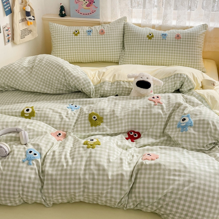 91家纺网 家纺一手货源 找家纺 梦之岛 2025新款多巴胺ins云朵棉小怪兽可爱毛巾绣四件套 格子小怪兽-黄绿