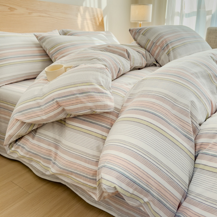 91家纺网 家纺一手货源 找家纺 2025新款简约款色织水洗棉四件套 沐妍粉