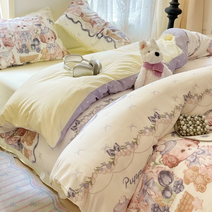 91家纺网 家纺一手货源 找家纺 雨帆家纺 2025新款水洗棉印花四件套 绅士狗