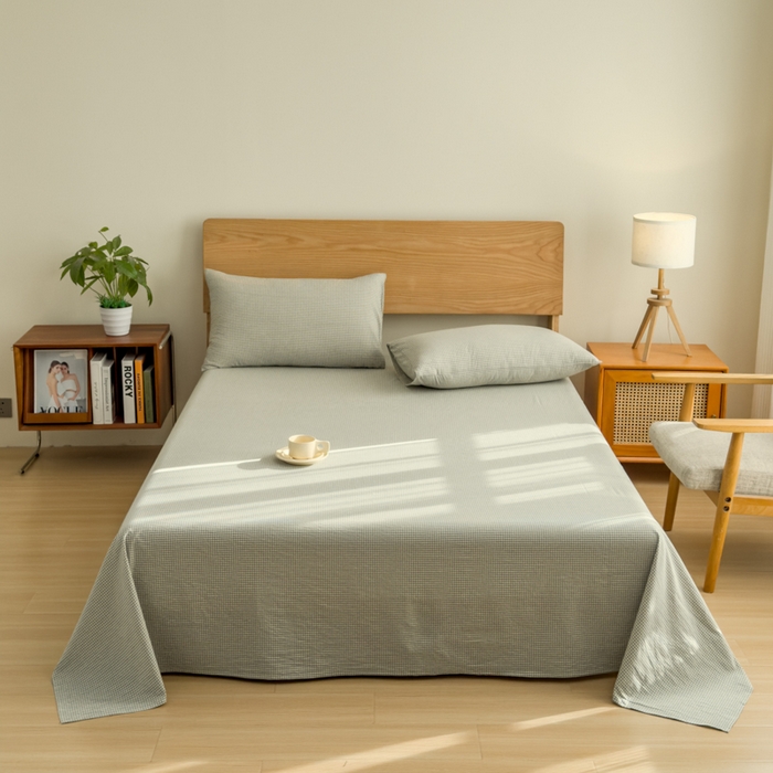 91家纺网 家纺一手货源 找家纺 2025新款简约款色织水洗棉单品床单 糖果绿