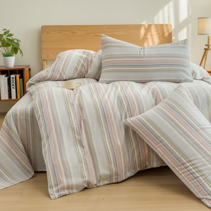 91家纺网 家纺一手货源 找家纺 2025新款简约款色织水洗棉四件套 沐妍粉