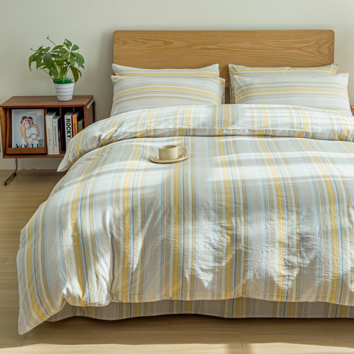 91家纺网 家纺一手货源 找家纺 2025新款简约款色织水洗棉四件套 沐妍黄