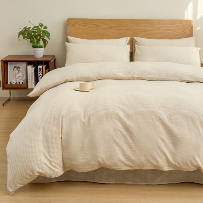 91家纺网 家纺一手货源 找家纺 2025新款简约款色织水洗棉四件套 糖果卡其