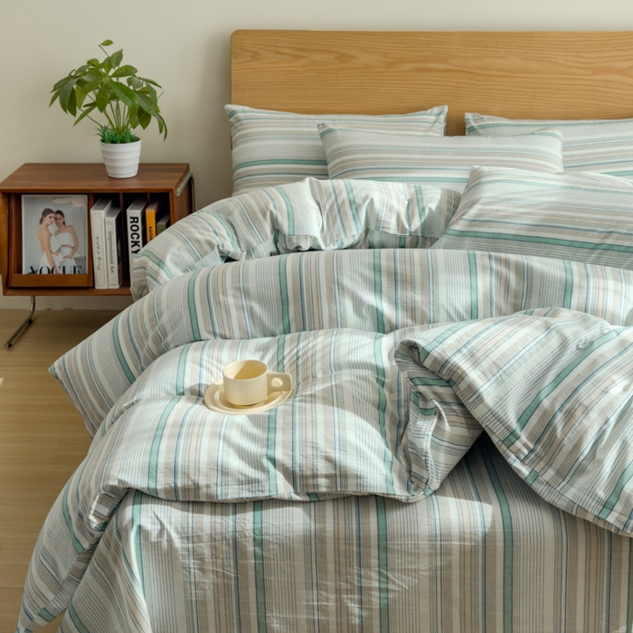 91家纺网 家纺一手货源 找家纺 2025新款简约款色织水洗棉四件套 沐妍绿