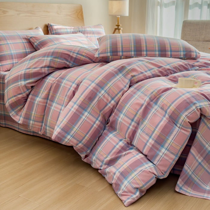 91家纺网 家纺一手货源 找家纺 2025新款简约款色织水洗棉单品被套 昭华粉