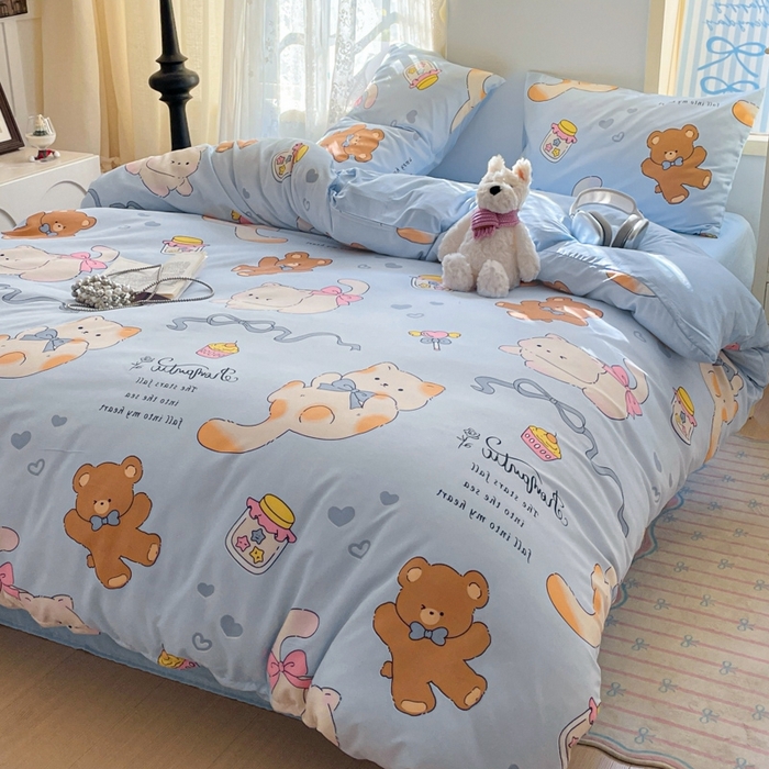 91家纺网 家纺一手货源 找家纺 雨帆家纺 2025新款水洗棉印花四件套 蓝精灵