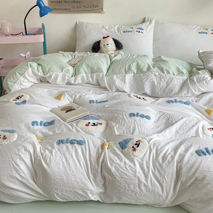 韩巢家纺 2025款超柔水洗棉毛巾绣床上用品四件套-哈哈狗系列二（提供卖家秀 ） 哈哈狗白绿