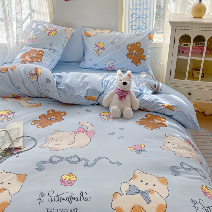 91家纺网 家纺一手货源 找家纺 雨帆家纺 2025新款水洗棉印花四件套 蓝精灵