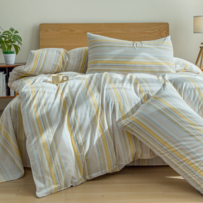 91家纺网 家纺一手货源 找家纺 2025新款简约款色织水洗棉四件套 沐妍黄