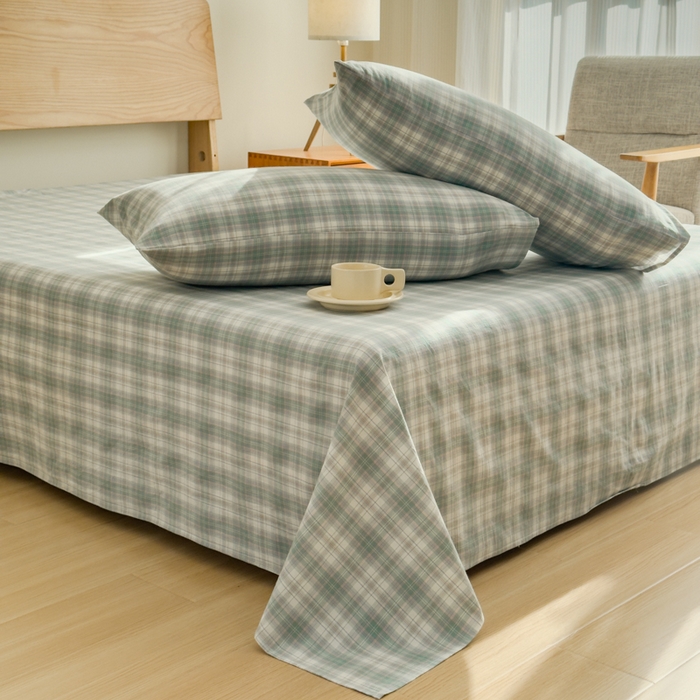 91家纺网 家纺一手货源 找家纺 2025新款简约款色织水洗棉单品床单 可可绿