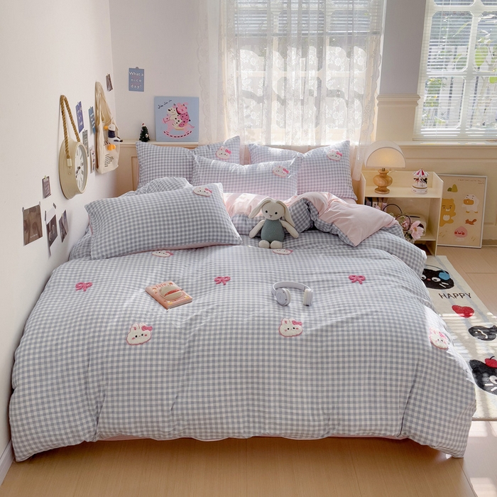 91家纺网 家纺一手货源 找家纺 梦之岛 2025云朵棉ins格子小兔可爱毛巾绣四件套 格子小兔-蓝