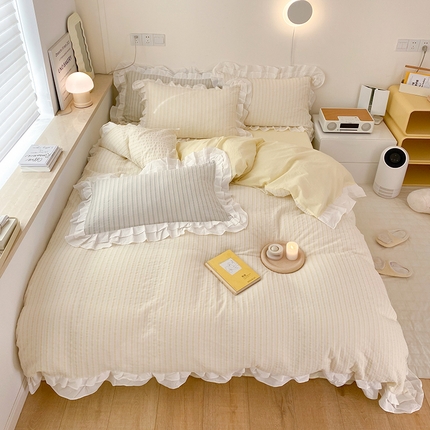 91家纺网 家纺一手货源 找家纺 （总）尺素 2025新款色织水洗棉韩式花边款素系列四件套