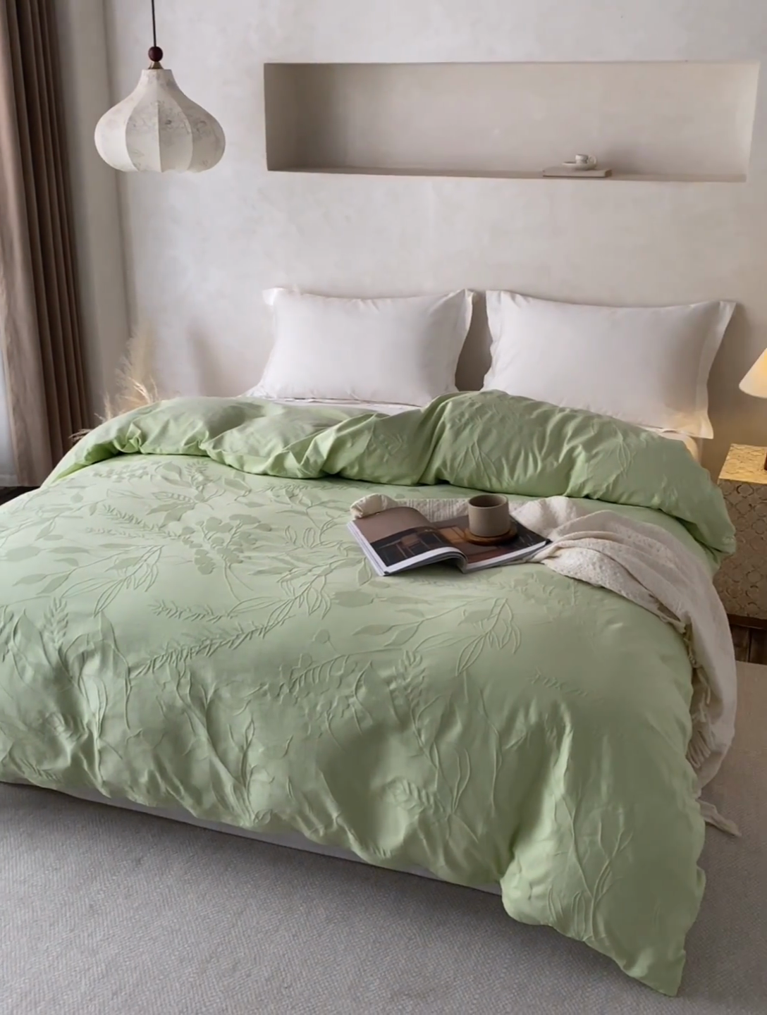 91家纺网 家纺一手货源 找家纺 2025春夏新品染色水洗大提花单品被套 叶影-嫩绿