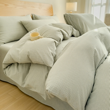 91家纺网 家纺一手货源 找家纺 2025新款简约款色织水洗棉四件套 糖果绿