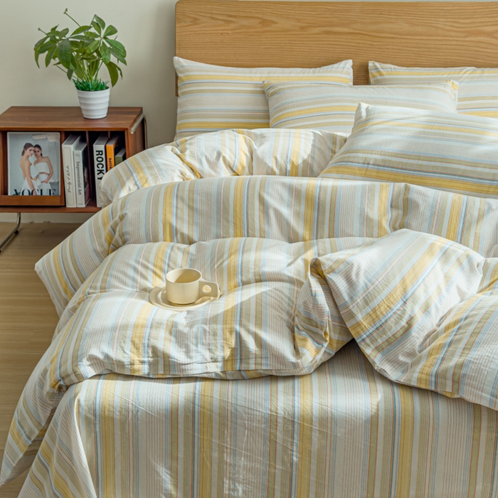 91家纺网 家纺一手货源 找家纺 2025新款简约款色织水洗棉四件套 沐妍黄