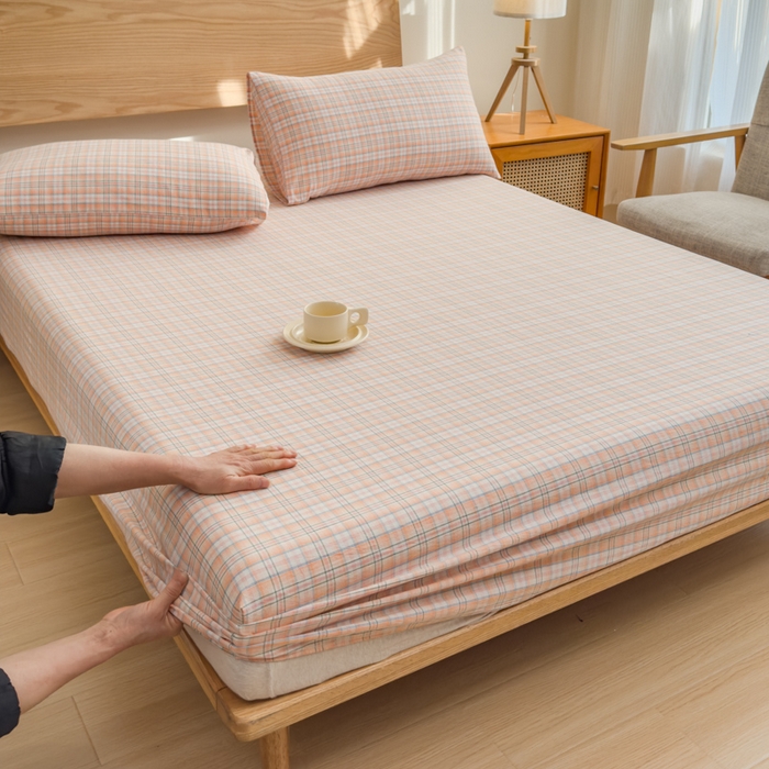 91家纺网 家纺一手货源 找家纺 2025新款简约款色织水洗棉单品床笠 可可桔