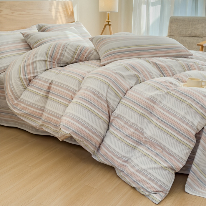 91家纺网 家纺一手货源 找家纺 2025新款简约款色织水洗棉四件套 沐妍粉