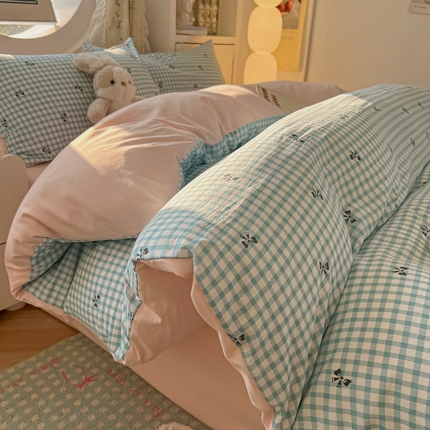 韩巢家纺 2025新款水洗棉ins风格子被套床单四件套-蝴蝶结格子（提供卖家秀） 格纹蓝浅粉