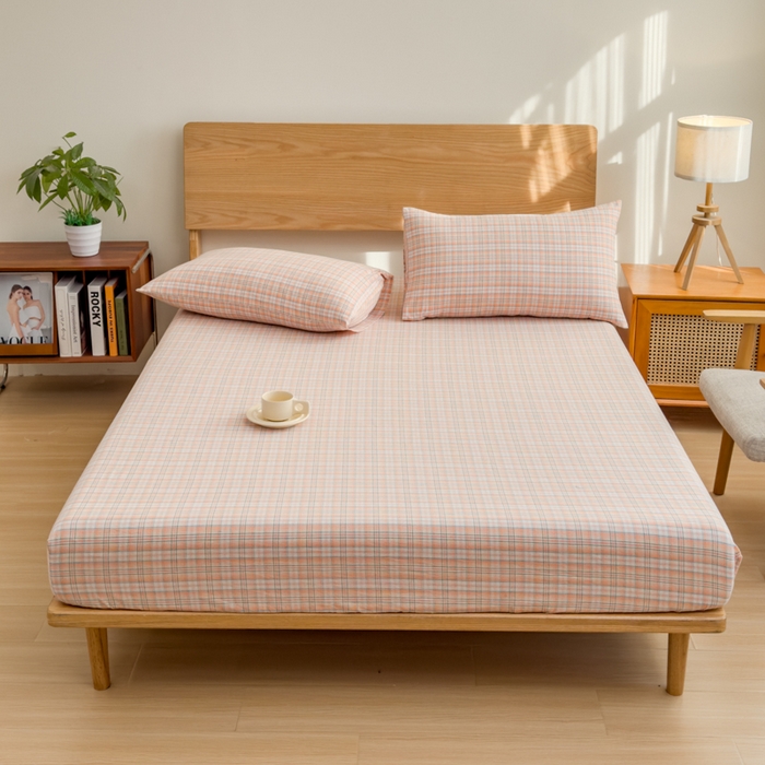 91家纺网 家纺一手货源 找家纺 2025新款简约款色织水洗棉单品床笠 可可桔