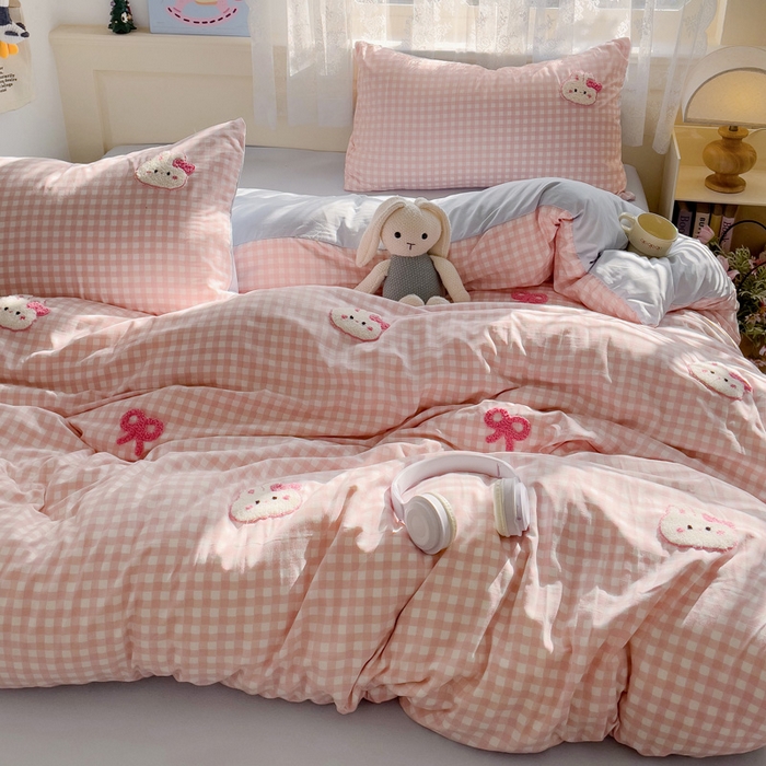 91家纺网 家纺一手货源 找家纺 梦之岛 2025云朵棉ins格子小兔可爱毛巾绣四件套 格子小兔-粉