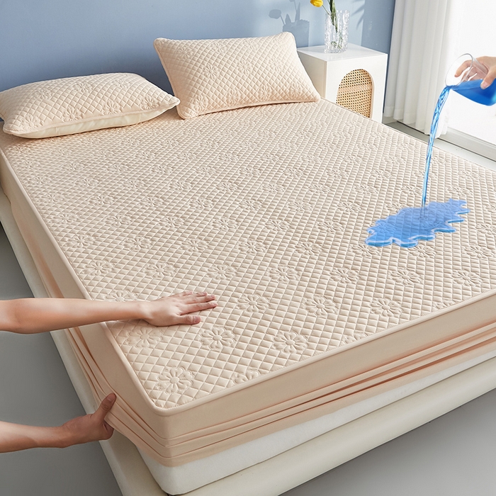 91家纺网 家纺一手货源 找家纺 盛眠家纺 2025新款水洗棉防水夹棉床笠-茉莉系列 Shein、速卖通，亚马逊、Temu床笠单件 跨境外贸 茉莉-卡其