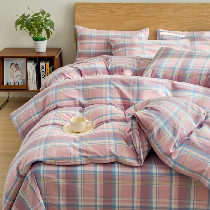 91家纺网 家纺一手货源 找家纺 2025新款简约款色织水洗棉四件套 昭华粉