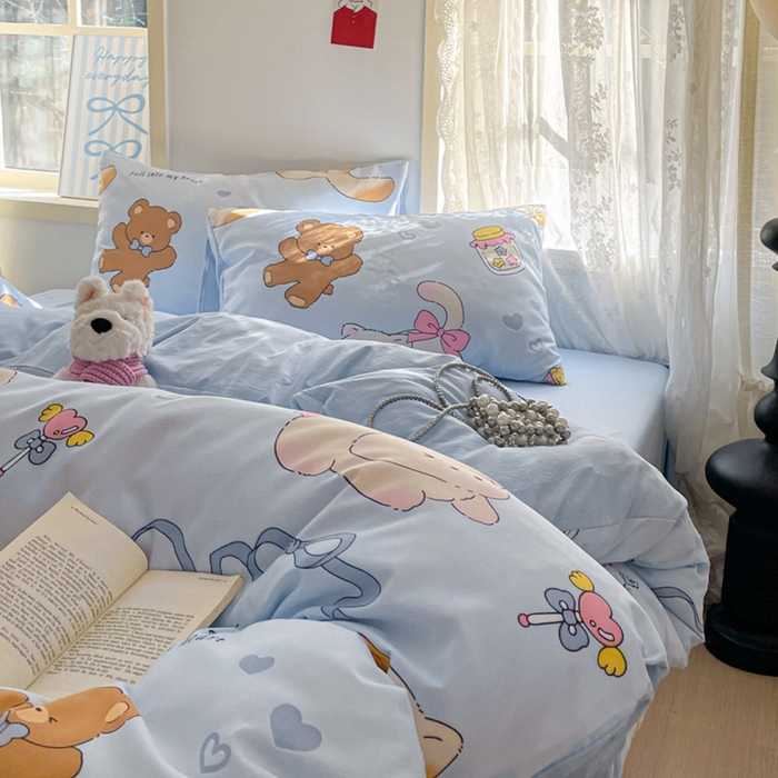 91家纺网 家纺一手货源 找家纺 雨帆家纺 2025新款水洗棉印花四件套 蓝精灵