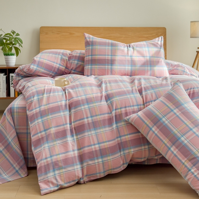 91家纺网 家纺一手货源 找家纺 2025新款简约款色织水洗棉四件套 昭华粉