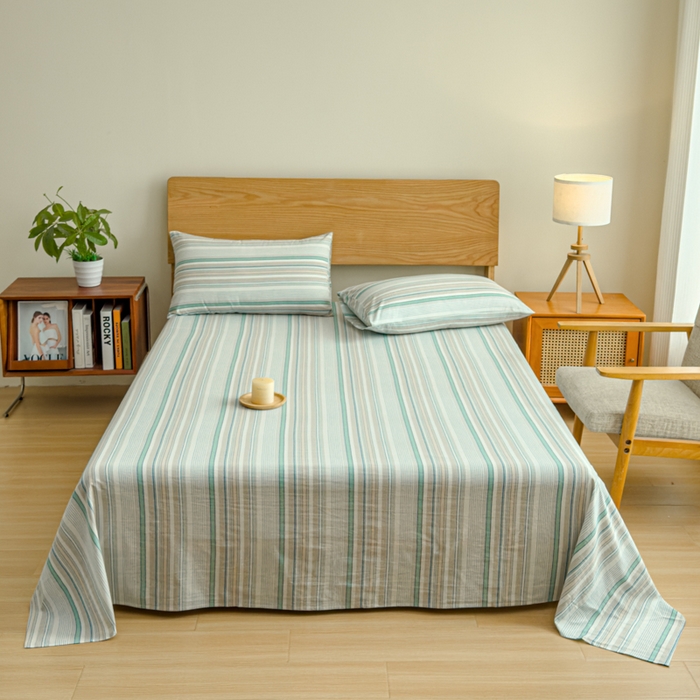 91家纺网 家纺一手货源 找家纺 2025新款简约款色织水洗棉单品床单 沐妍绿