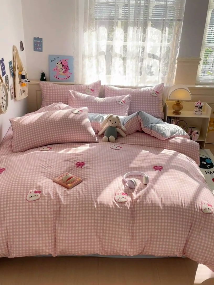 91家纺网 家纺一手货源 找家纺 （总）梦之岛 2025云朵棉ins格子小兔可爱毛巾绣四件套