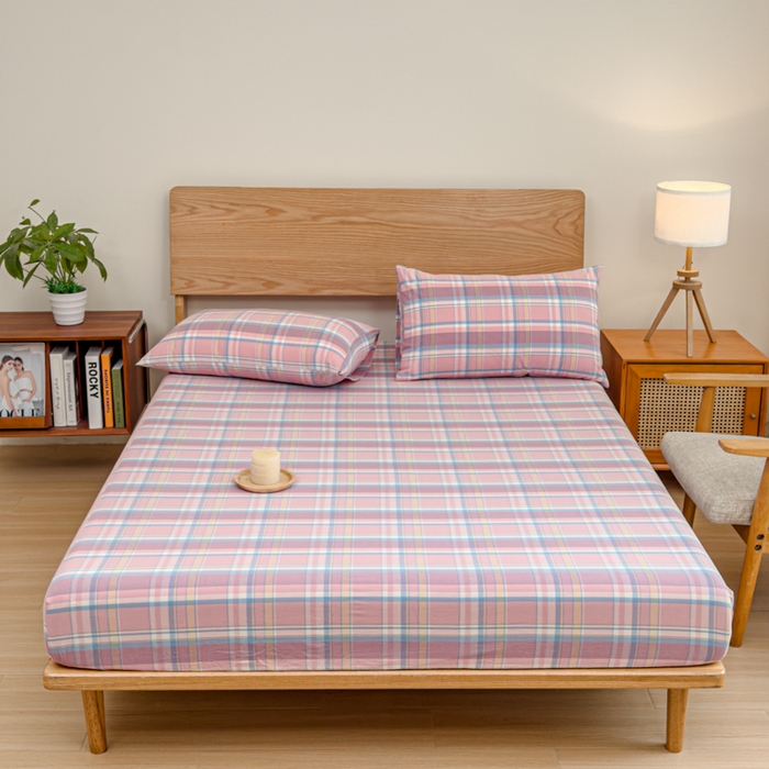 91家纺网 家纺一手货源 找家纺 2025新款简约款色织水洗棉单品床笠 昭华粉