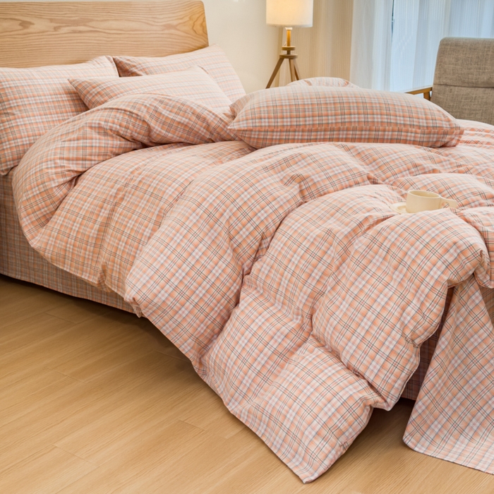 91家纺网 家纺一手货源 找家纺 2025新款简约款色织水洗棉单品被套 可可桔