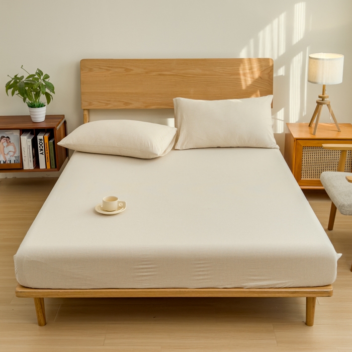 91家纺网 家纺一手货源 找家纺 2025新款简约款色织水洗棉单品床笠 糖果卡其