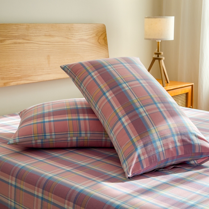 91家纺网 家纺一手货源 找家纺 2025新款简约款色织水洗棉单品枕套 昭华粉