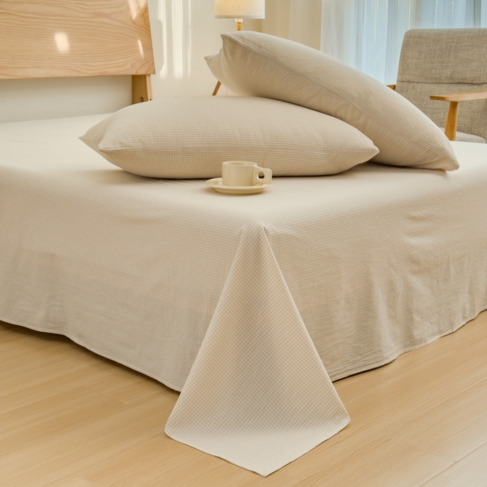 91家纺网 家纺一手货源 找家纺 2025新款简约款色织水洗棉单品床单 糖果卡其