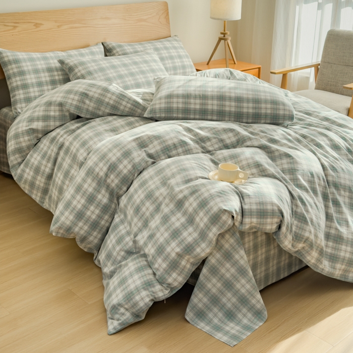 91家纺网 家纺一手货源 找家纺 2025新款简约款色织水洗棉四件套 可可绿