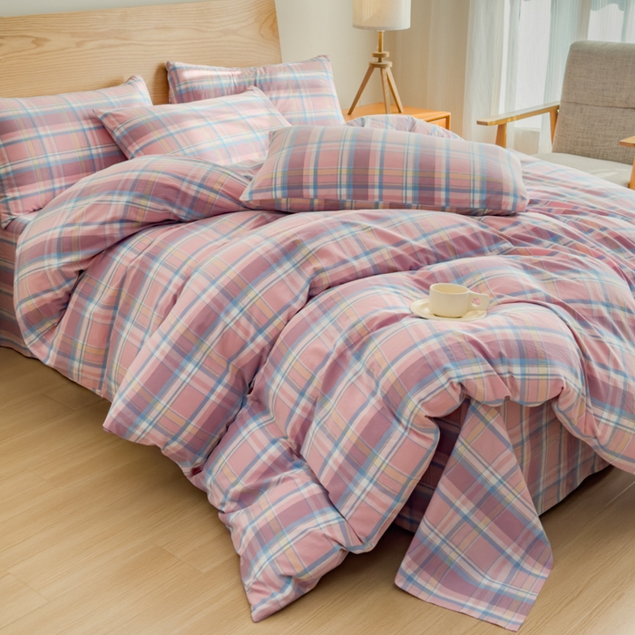 91家纺网 家纺一手货源 找家纺 2025新款简约款色织水洗棉四件套 昭华粉