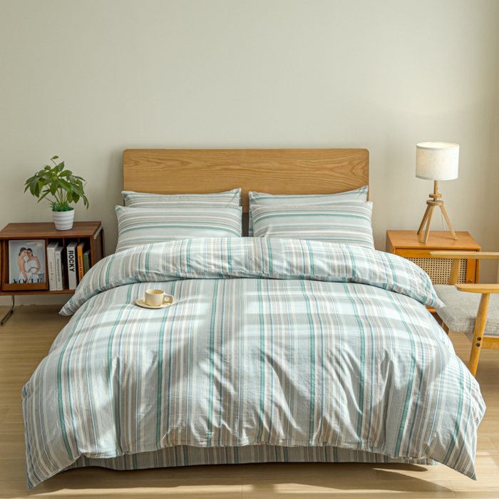 91家纺网 家纺一手货源 找家纺 2025新款简约款色织水洗棉单品被套 沐妍绿