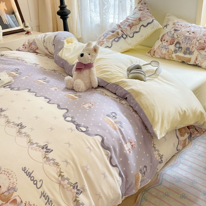 91家纺网 家纺一手货源 找家纺 雨帆家纺 2025新款水洗棉印花四件套 绅士狗