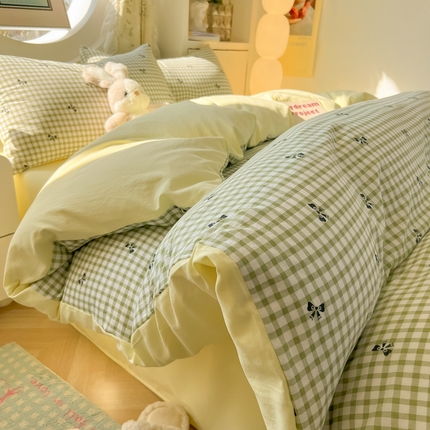 韩巢家纺 2025新款水洗棉ins风格子被套床单四件套-蝴蝶结格子（提供卖家秀） 格纹绿浅黄