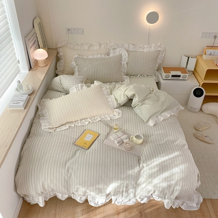 91家纺网 家纺一手货源 找家纺 （总）尺素 2025新款色织水洗棉韩式花边款素系列四件套