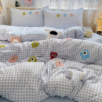 梦之岛 2025新款多巴胺ins云朵棉小怪兽可爱毛巾绣四件套 格子小怪兽-蓝