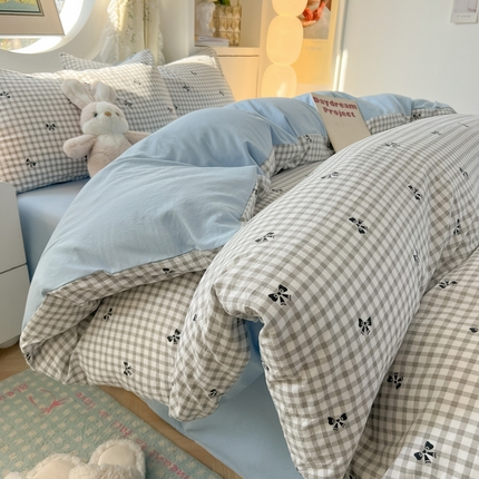 91家纺网 家纺一手货源 找家纺 （总）韩巢家纺 2025新款水洗棉ins风格子被套床单四件套-蝴蝶结格子（提供卖家秀）