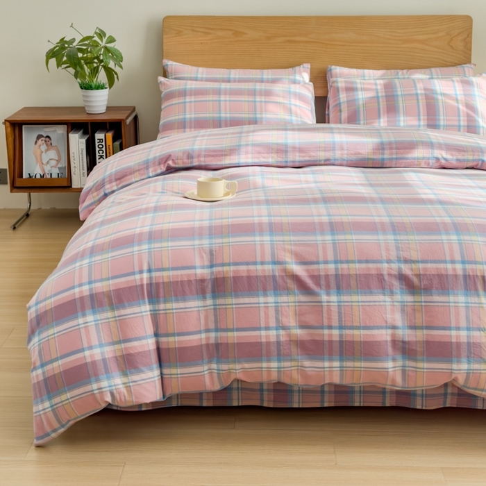 91家纺网 家纺一手货源 找家纺 2025新款简约款色织水洗棉四件套 昭华粉