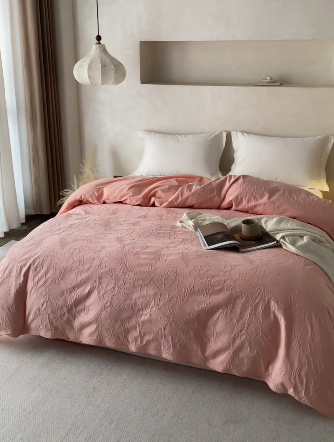 91家纺网 家纺一手货源 找家纺 2025春夏新品染色水洗大提花单品被套 小银勾-嫩粉