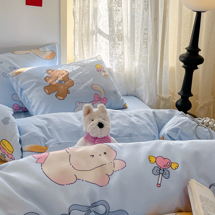 91家纺网 家纺一手货源 找家纺 雨帆家纺 2025新款水洗棉印花四件套 蓝精灵