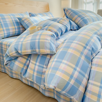 91家纺网 家纺一手货源 找家纺 2025新款简约款色织水洗棉四件套 昭华蓝