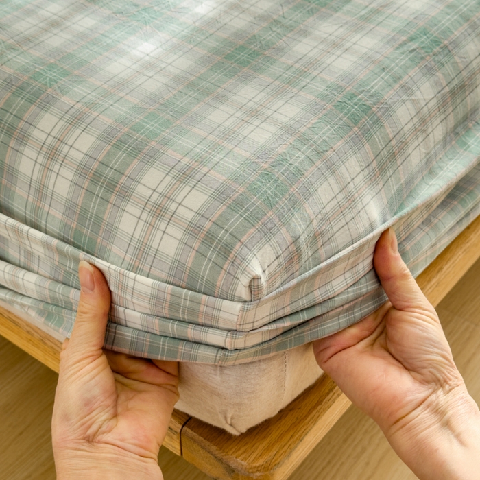 91家纺网 家纺一手货源 找家纺 2025新款简约款色织水洗棉单品床笠 可可绿