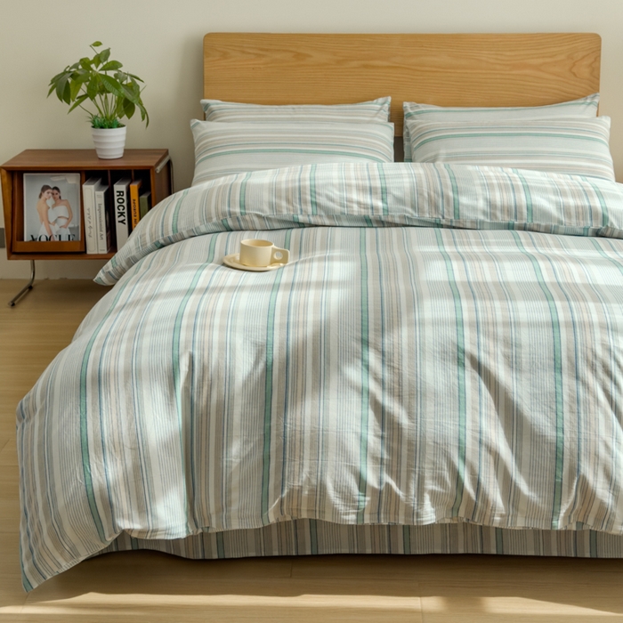 91家纺网 家纺一手货源 找家纺 2025新款简约款色织水洗棉四件套 沐妍绿