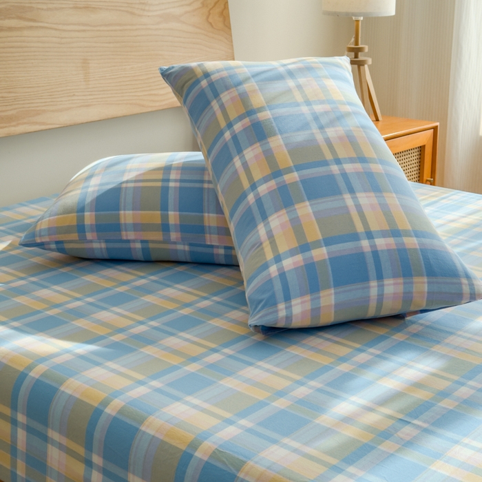 91家纺网 家纺一手货源 找家纺 2025新款简约款色织水洗棉单品床单 昭华蓝